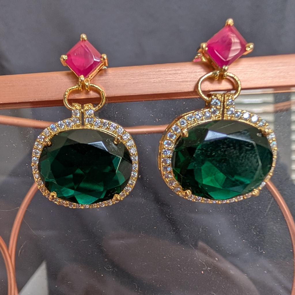 Nsr Green And Pink Statement Earrings With Gold-Toned Finish